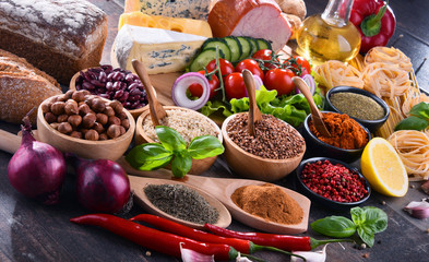 Composition with assorted organic food products on the table