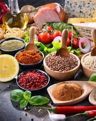 Composition with assorted organic food products on the table