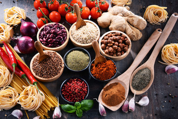Composition with assorted organic food products on the table