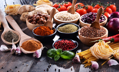 Composition with assorted organic food products on the table
