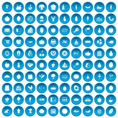 100 natural products icons set in blue circle isolated on white vector illustration