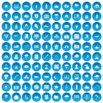 100 natural disasters icons set in blue circle isolated on white vector illustration