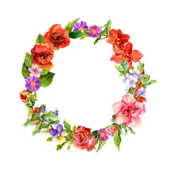 Floral wreath with meadow flowers, wild summer grass. Watercolor round border