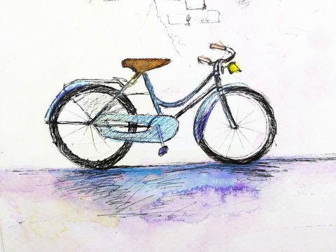 watercolor hand drawn bicycle against the wall.