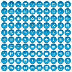100 network icons set in blue circle isolated on white vector illustration