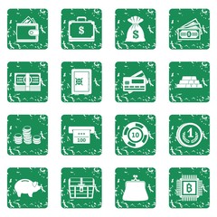 Different money icons set in grunge style green isolated vector illustration