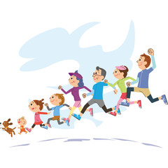 元気にランニングする三世代家族