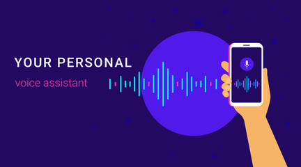 Personal assistant and voice recognition on mobile app. Concept flat vector illustration of human hand holds smartphone with microphone button on screen and voice and sound imitation lines
