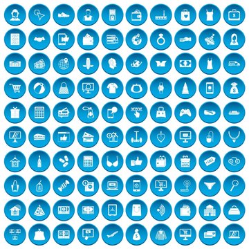 100 online shopping icons set in blue circle isolated on white vector illustration