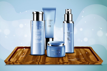 Luxury cosmetic Bottle package skin care cream, Beauty cosmetic product poster, with Bokeh and Water background