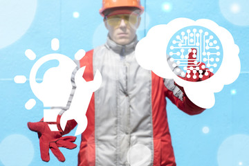 Industry man clicks a circuit with brain button and offers a lamp with wrench icon on a virtual interface. Industrial Information Technology. AI Creative Learning Machine. Smart Engineering.