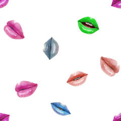 Seamless pattern of colorful sexy lips. Vector lipstick or lip gloss 3d realistic design. Fashion illustration