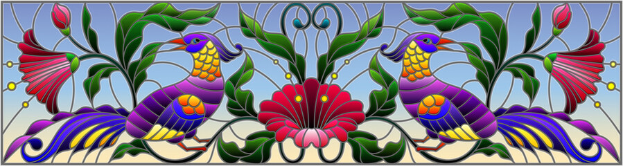Illustration in stained glass style with a pair of abstract birds , flowers and patterns on a sky   background , horizontal image