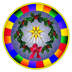 Illustration in stained glass style wreath of Holly and Christmas star on a blue background,round image in bright frame