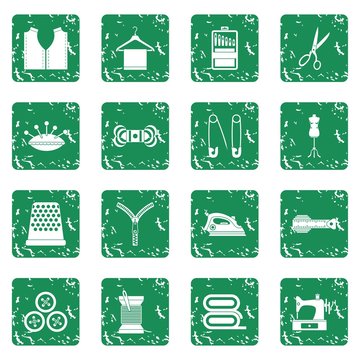 Sewing icons set in grunge style green isolated vector illustration