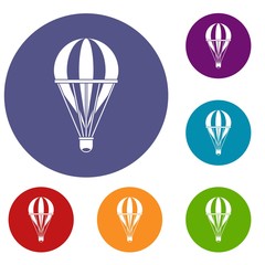 Fototapeta premium Hot air striped balloon icons set in flat circle red, blue and green color for web