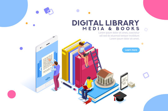 Encyclopedia, media book library, concept of culture. Characters, group of students at academic learning, reading an e-book. Can use for banner infographics. Flat isometric illustration school images.