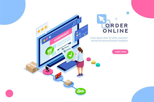 Purchase, customer order online, concept of sale. Character at shopping. Vector cart, can use for web banner, infographics, hero images. Flat isometric illustration isolated on white background.