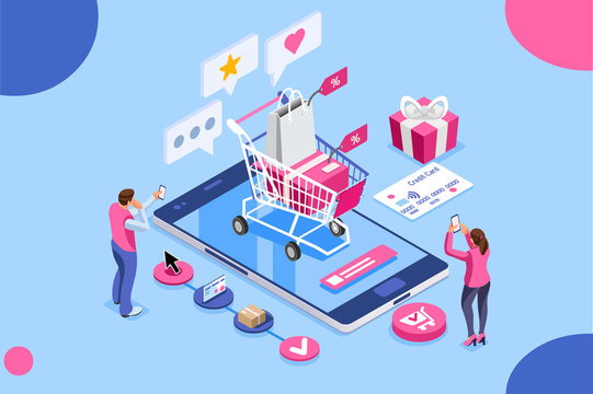 Order online, shopping concept. Customer character with gift. Mobile pay with credit card. Can use for web banner, infographics, hero images. Flat isometric illustration isolated on white background.