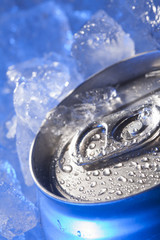 drink can iced submerged in frost ice, metal aluminum beverage