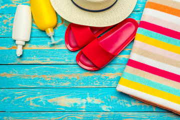 Beach flat lay accessories. Top view