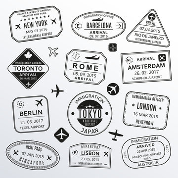 Passport stamp set. Different countries airport visa stamp. Custom control cachet. New York, Rome, Amsterdam, London, Barcelona, Tokyo, Singapore, Lisbon, Berlin immigration sign. Vector illustration.