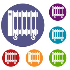 Oil electric heater on wheels icons set in flat circle red, blue and green color for web