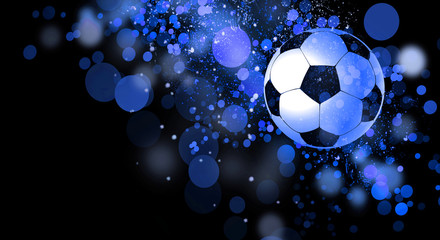 Fototapeta premium Soccer ball, on a dark bokeh background, neon light