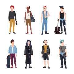 Collection of teenage boys, fans of various youth subcultures or countercultures - punk, rock, hip hop, skateboard, goth. Set of teenagers dressed in modern clothes. Flat cartoon vector illustration. - obrazy, fototapety, plakaty