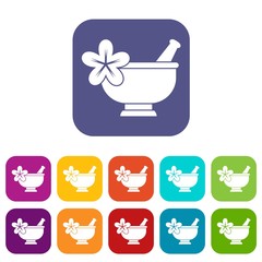 Mortar and pestle pharmacy icons set vector illustration in flat style in colors red, blue, green, and other