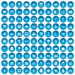 100 seaside resort icons set in blue circle isolated on white vector illustration