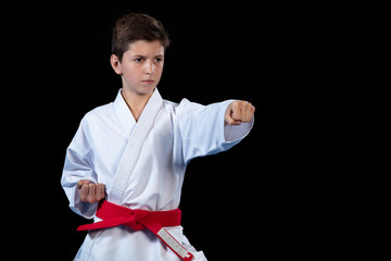Young boy dressed in a white karate kimono with red belt. © FS-Stock