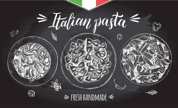 Spaghetti, farfalle, penne pasta with cherry tomatoes and basil. Dish of Italian cuisine. Ink hand drawn set with brush calligraphy lettering. Vector illustration. Top view. Food elements.