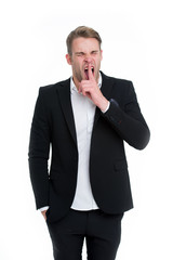 Man bored yawning white background. Fed up with this. Man dislike boring formal rules at workplace. Guy wears boring formal suit according to business dress code. Secret gesture. Do not tell someone