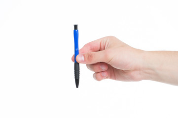 Write down. Pen in male hand isolated on white background. Write note to remember. Using organizer helps manage time. Hand holds blue pen. Note to remember always good idea