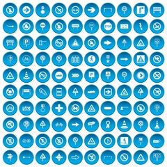 100 road signs icons set in blue circle isolated on white vector illustration