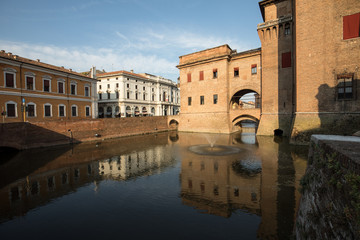 Obraz premium Castle Estense, a four towered fortress from the 14th century, Ferrara, Emilia-Romagna, Italy