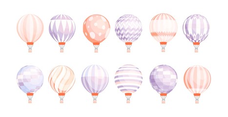 Bundle of round hot air balloons of different texture and color isolated on white background. Set of pastel colored manned flying aircrafts. Colorful vector illustration in flat cartoon style.