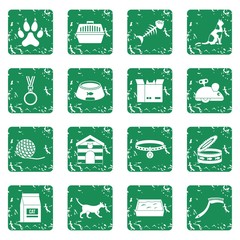 Cat care tools icons set in grunge style green isolated vector illustration