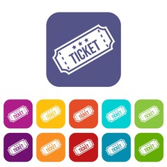 Movie ticket icons set vector illustration in flat style in colors red, blue, green, and other