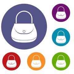 Woman bag icons set in flat circle red, blue and green color for web