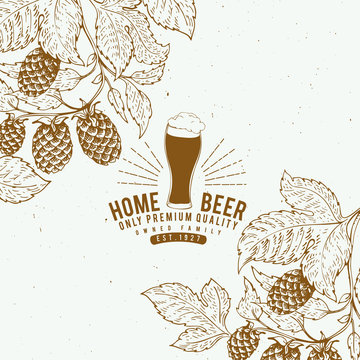 Beer hop design template. Retro beer background. Vector hand drawn hop illustration. Vintage style banner.