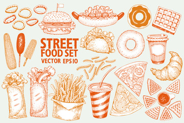 Fast food vector illustration set. Hand drawn street food. Can be use for fast food restaurant or cafe menu or packaging design.