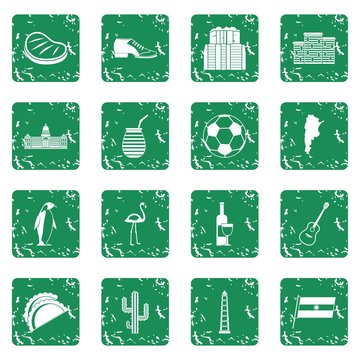 Argentina travel items icons set in grunge style green isolated vector illustration