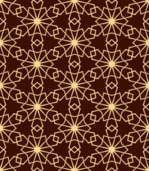 Seamless pattern islamic design. Brown and golden textile print. Vector eastern background. Hexagonal grid.