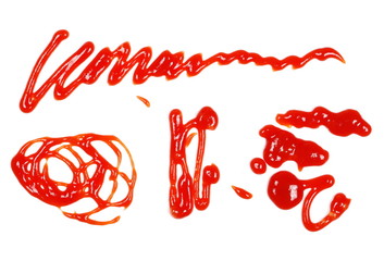 Red ketchup spreading, splashes, stains set isolated on white background, tomato pure texture, top view