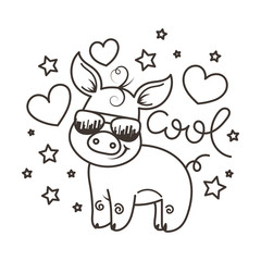 Cute cartoon baby pig in a cool sunglasses