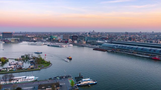 amsterdam cityscape aerial view time lapse from day to night