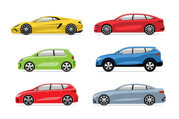 Set of modern cars in flat style. Side view of hatchback, sedan, supercar, SUV, supermini, electric vehicle isolated on white background
