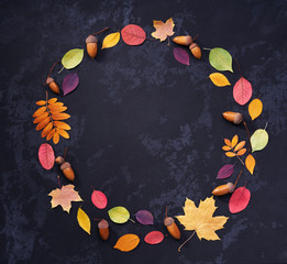 Bright autumn leaves and acorns on a black stone background with copy space.Top view